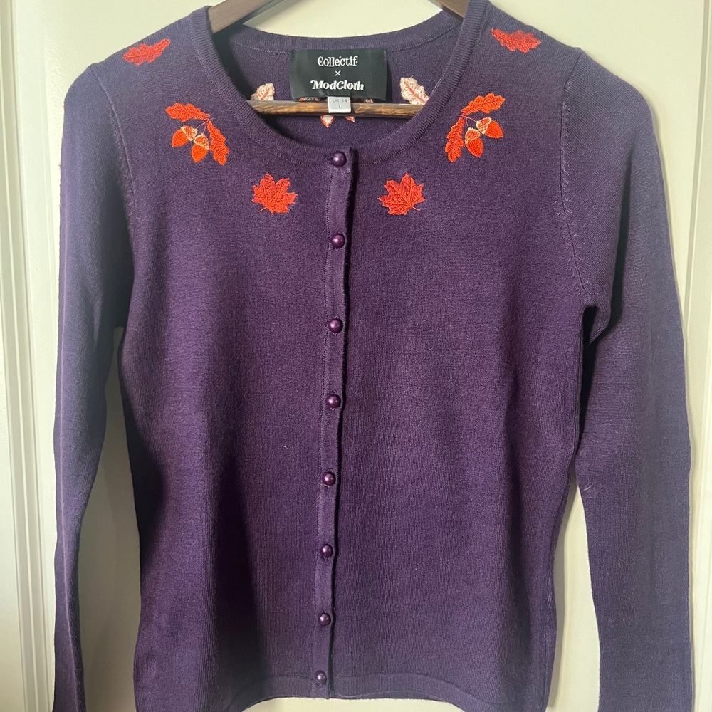 Collectif Purple Cardigan with Orange Embroidered Leaves